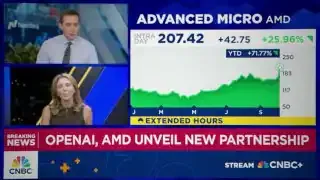 A CNBC news clip shows AMD's stock price soaring by over 25% following the announcement of a new partnership with OpenAI, demonstrating market response to AI deals.
