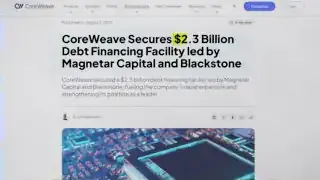 A news headline announces CoreWeave's securing of a $2.3 billion debt financing facility led by Magnetar Capital and Blackstone, highlighting its reliance on large loans.