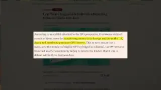 A highlighted section of a report details how CoreWeave violated loan terms by transferring money to foreign subsidiaries and failing to inform lenders of its default.