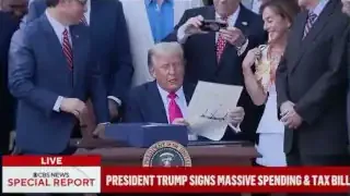 Former President Trump is shown signing a large bill, with a news chyron indicating a "massive spending & tax bill," referencing the "One Big Beautiful Bill."