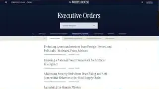 A screenshot of the White House website's "Executive Orders" page shows several orders related to artificial intelligence, indicating governmental focus on the sector.