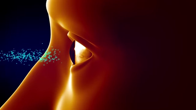 A 3D animation of an eye with particles, illustrating the potential for issues like optic nerve blood flow halt.