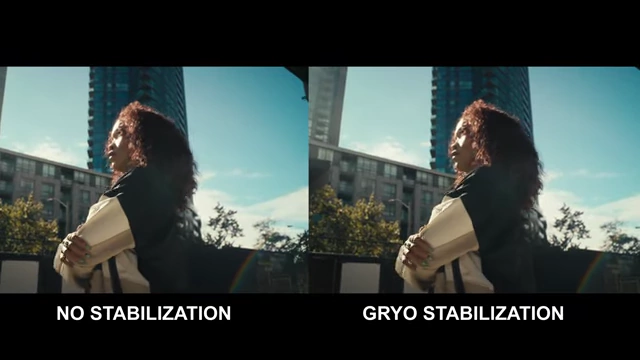 A side-by-side comparison of footage, demonstrating the difference between no stabilization and gyro stabilization, showing improved smoothness with the latter.