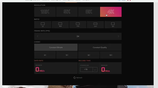 A screenshot of the Blackmagic Design website showing a tool to calculate required memory card speeds for various resolutions and compressions.