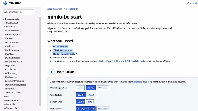 Minikube documentation showing resource requirements