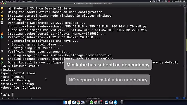 Terminal output confirming Minikube and kubectl installation
