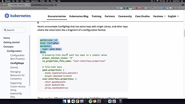 Kubernetes documentation for ConfigMap YAML example