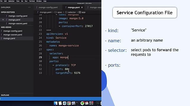 MongoDB Service configuration with selector and ports