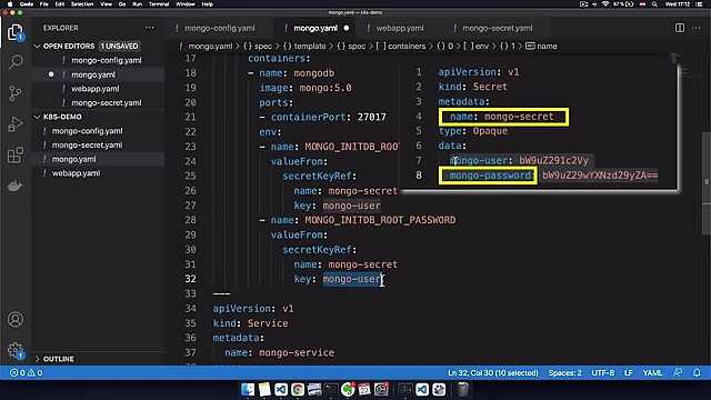 MongoDB Deployment referencing username and password from the `mongo-secret`
