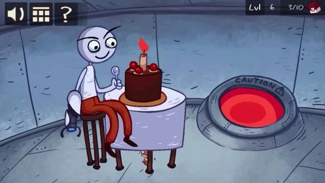 A character sitting at a table with a birthday cake next to a red "CAUTION" button