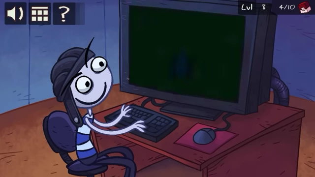 A character sits at a computer, which displays a green screen, with a hint of a monster
