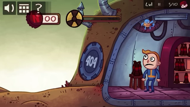 A vault dweller stands in a post-apocalyptic setting with a nuclear symbol and a "404" sign