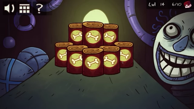 A pile of dog food cans is shown, with a large troll face looming on the right