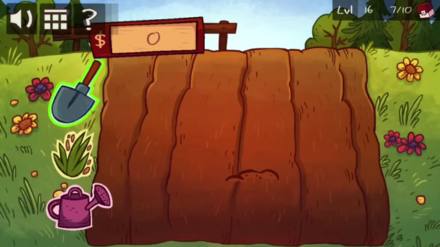 A farming plot with soil, a shovel, a watering can, and a money counter