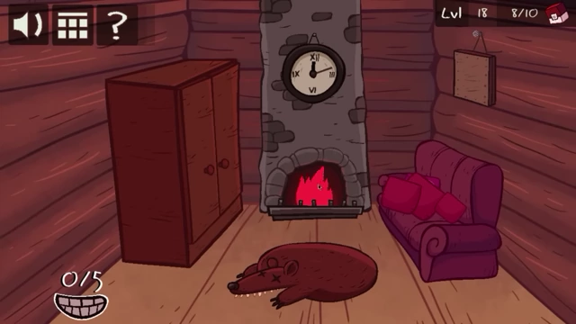 A sleeping bear lies in front of a fireplace with a clock, and a wooden cabinet to the left
