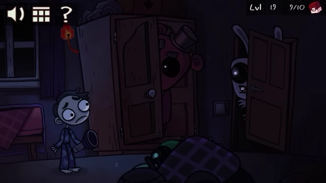 A child stands in a dimly lit bedroom, with two animatronics visible in the background