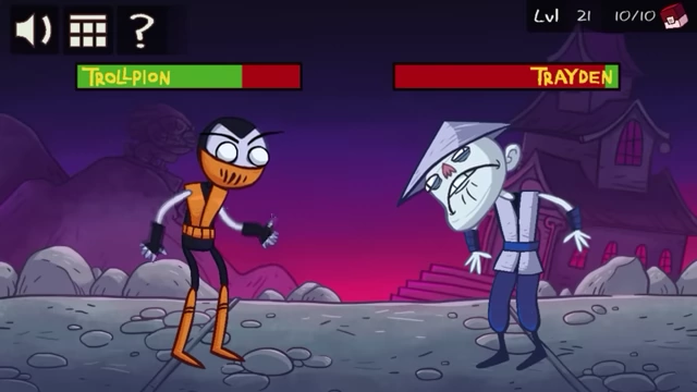 Two characters, labeled "TROLL-PION" and "TRAYDEN", face each other in a fighting game