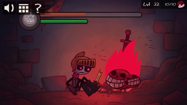 A knight is seated in a dark dungeon next to a sword and flaming skulls