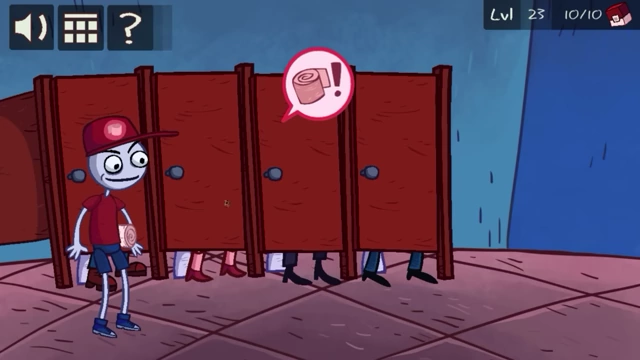 A character stands in a restroom with multiple toilet stalls, and a toilet paper icon