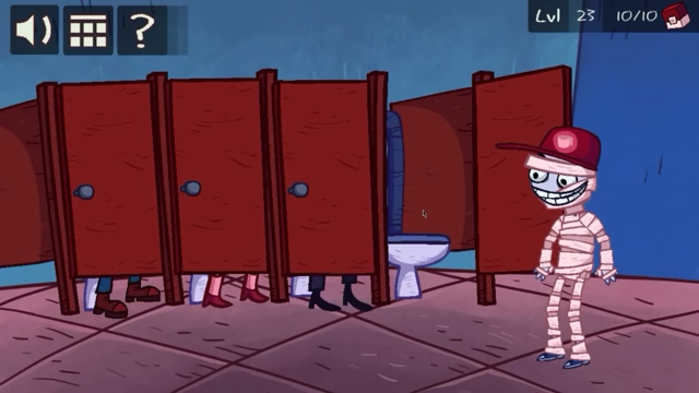 The character, now wrapped in toilet paper like a mummy, stands beside an open toilet stall