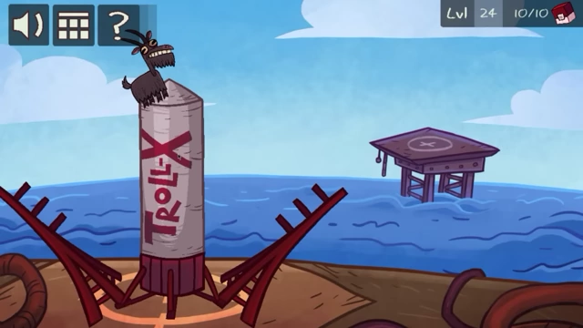 A rocket, labeled "TROLL-X", stands on a launchpad in a body of water