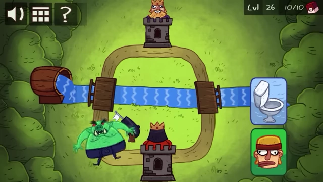 A pipe-connecting puzzle with water flowing through a system of pipes and two castles