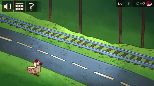 A chicken-like character in a box is on a road next to train tracks