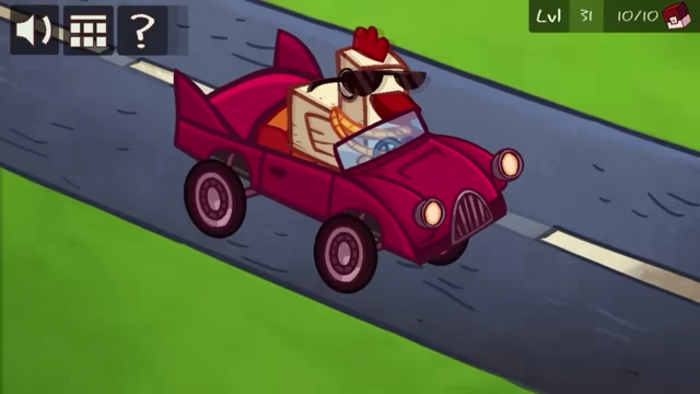 The chicken has transformed into a chicken driving a red race car, viewed from above