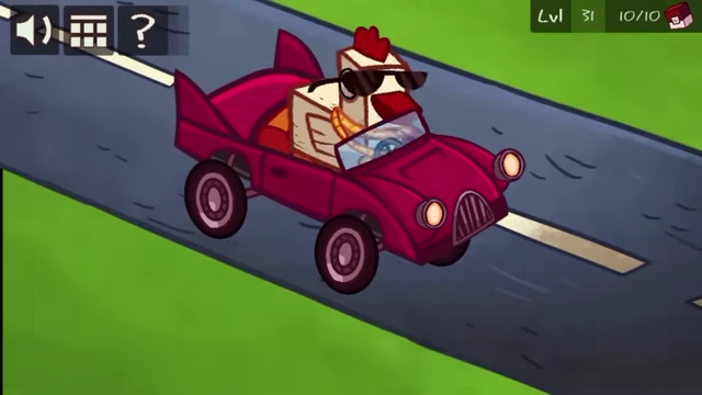 The chicken, now wearing sunglasses, drives a red race car