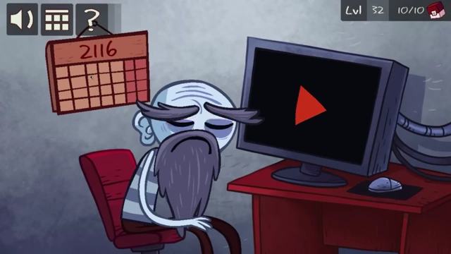 The old man now has a long beard and the calendar shows "2116", with a new video on the screen
