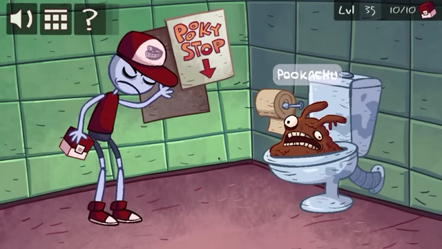 A character stands in a bathroom with a sign pointing to a "POOPY STOP" and a large brown monster in the toilet