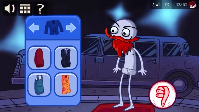 A character with a red beard stands next to a wardrobe menu, with a red thumb-down icon