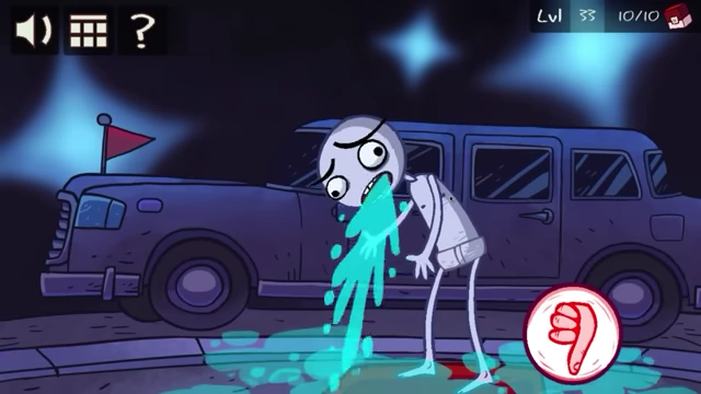 The character vomits a stream of green liquid, with a red thumb-down icon visible