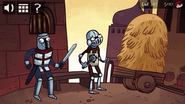 A knight, now free of hay, holds a sword and a mace, ready for battle