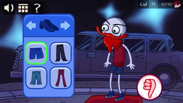 The character wears blue shorts and shoes, with a different beard selected in the wardrobe menu