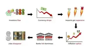 Illustration of the ripple effect of a country's default, showing currency dropping, imports getting expensive, inflation spiking, banks failing, and jobs disappearing.