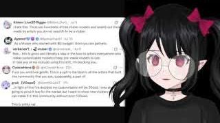 A collage of tweets from various artists and riggers expressing strong negative opinions against AI use in VTubing, some calling it "evil" and "pathetic."