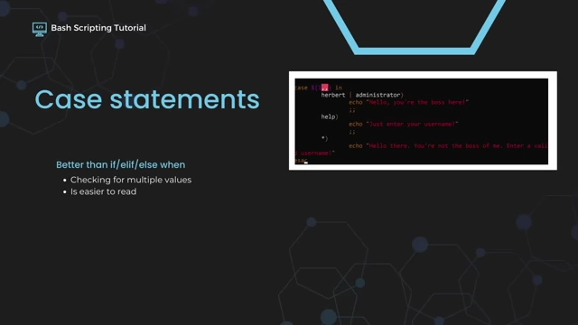 Code example of a Bash case statement with multiple options and a catch-all, alongside a description of its benefits.