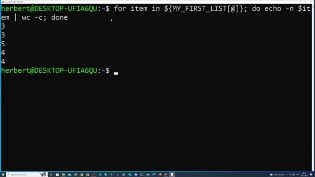 Terminal output demonstrating a for loop iterating over an array to count the character length of each item using `echo -n` and `wc -c`.