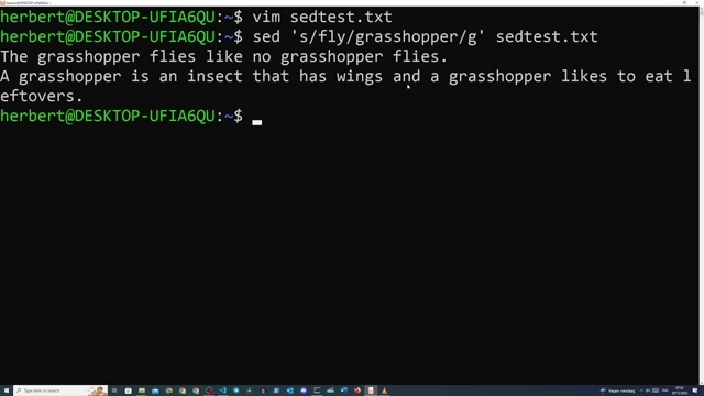 Terminal output demonstrating a SED command for global substitution of words in a text file.