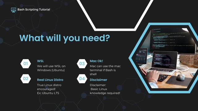 Prerequisites for the Bash scripting course, including WSL, native Linux, and macOS