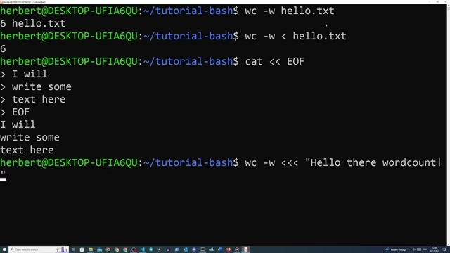 Demonstrations of various input redirection methods (`<`, `<<`, `<<<`) with the `wc -w` command.