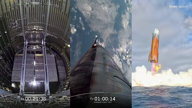 Collage of key moments from Starship Flight 10, including payload deployment test