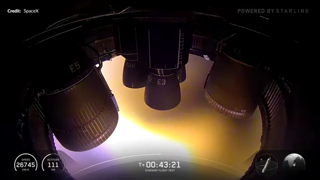Raptor engines firing during Starship's deorbit burn