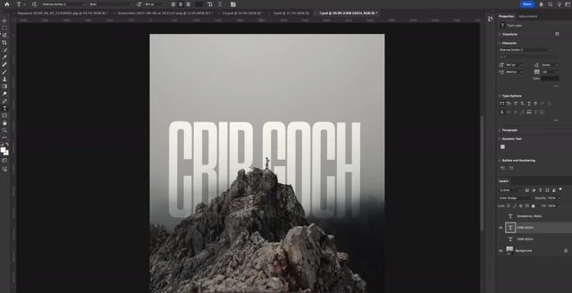A Photoshop demonstration of integrating text behind a mountain using the Color Dodge blending mode, creating a visually striking effect.