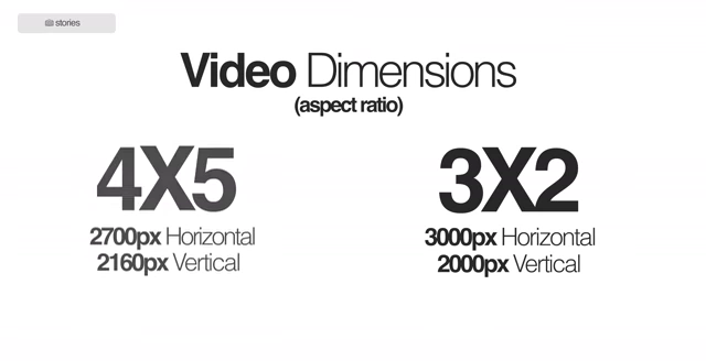 Recommended video dimensions (aspect ratios) for Instagram carousels: 4x5 (2700px horizontal, 2160px vertical) and 3x2 (3000px horizontal, 2000px vertical).