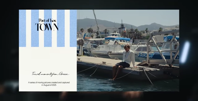 A custom-designed "Port of Kos Town" graphic resembling a Greek postcard, integrated into a video carousel slide.