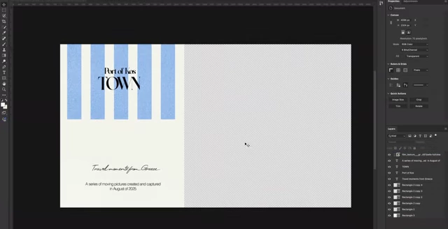 The Photoshop workspace displaying the design of a custom "Port of Kos TOWN" postcard graphic, incorporating Greek colors and fonts.
