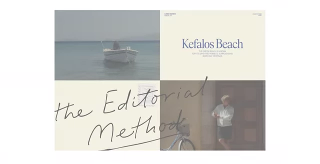 An editorial-style carousel slide, dividing the canvas into quarters with two video clips and custom text overlays like "Kefalos Beach" and "The Editorial Method."