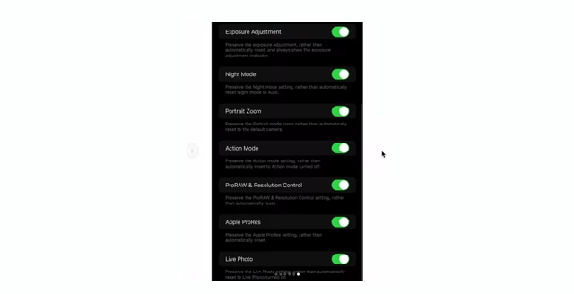 Subsequent slides from the iPhone settings carousel, displaying detailed camera settings as valuable information.